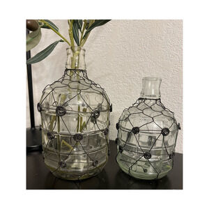 Vintage 2Pc/Set Modern Farm House Glass Milk Bottle Bud Vase Wire Wrap HomeDecor